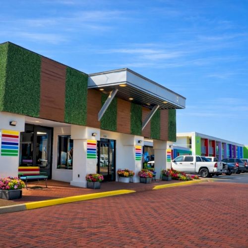 Colorful strip mall with green faux walls, striped awnings, potted plants, and parked cars along a brick-paved lot.